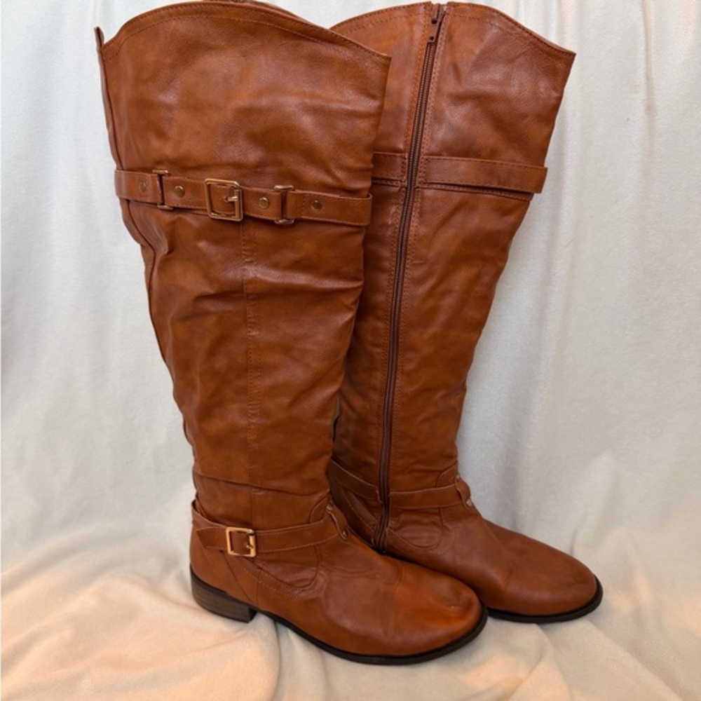 Tan Knee High Faux Leather Boots